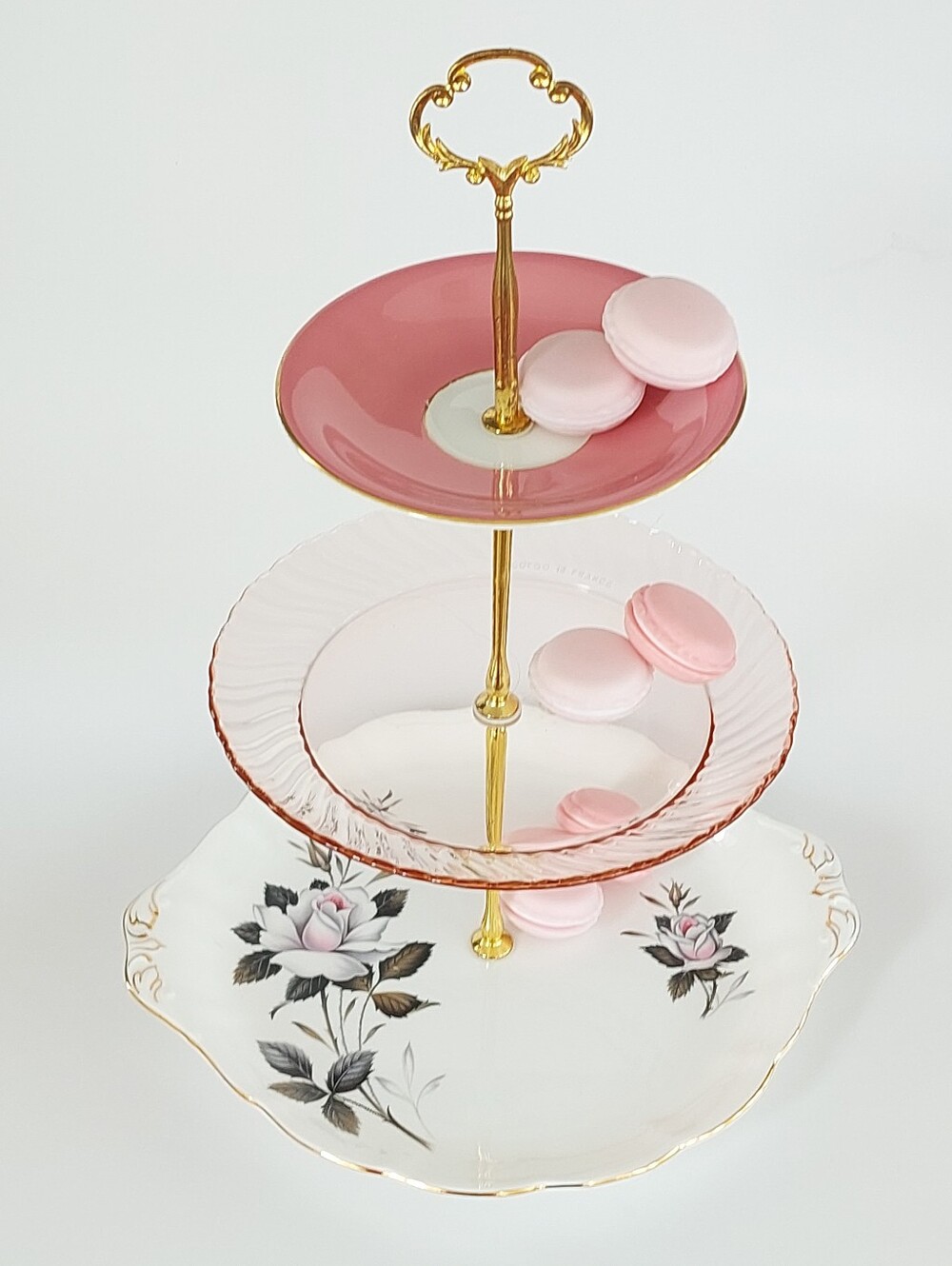 Mismatched 3 Tier Serving Stand Royal Albert Cake Plate Pink Glass Dessert Tray